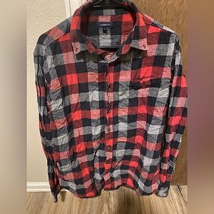 Red, black and gray long sleeve button up flannel shirt
